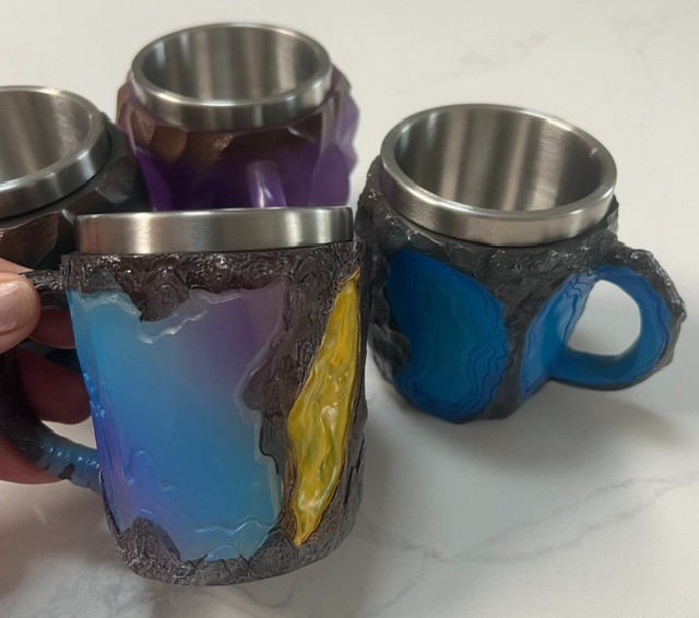 Lot of 4 Resin Geode Coffee Tea Mugs With Stainless Steel Interior Lining Agate