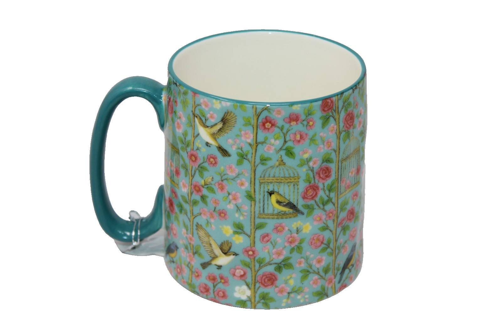10 Strawberry Street Bella BIRDS, CAGES AND FLOWERS Aqua Ceramic Mug – NEW