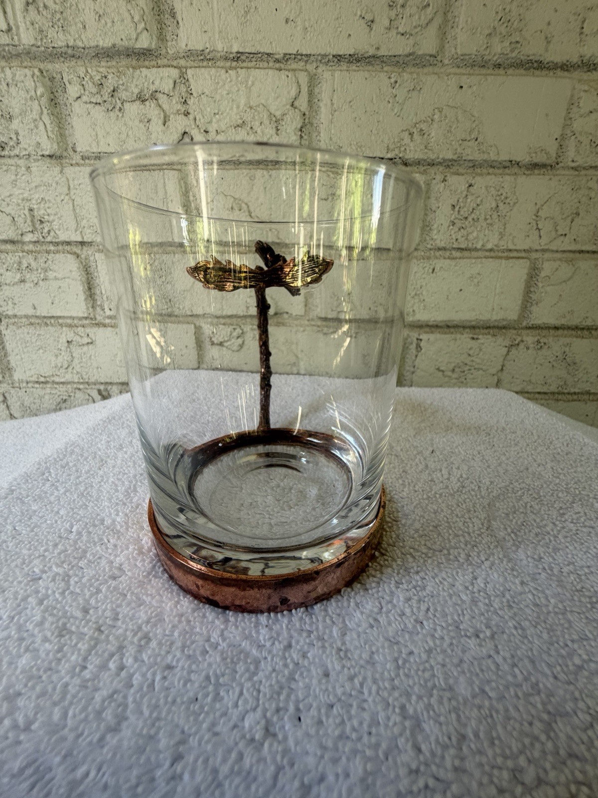 Clear Glass Mug 8 fl oz Copper-Tone Floral Metal Handle & Base Rustic Decor