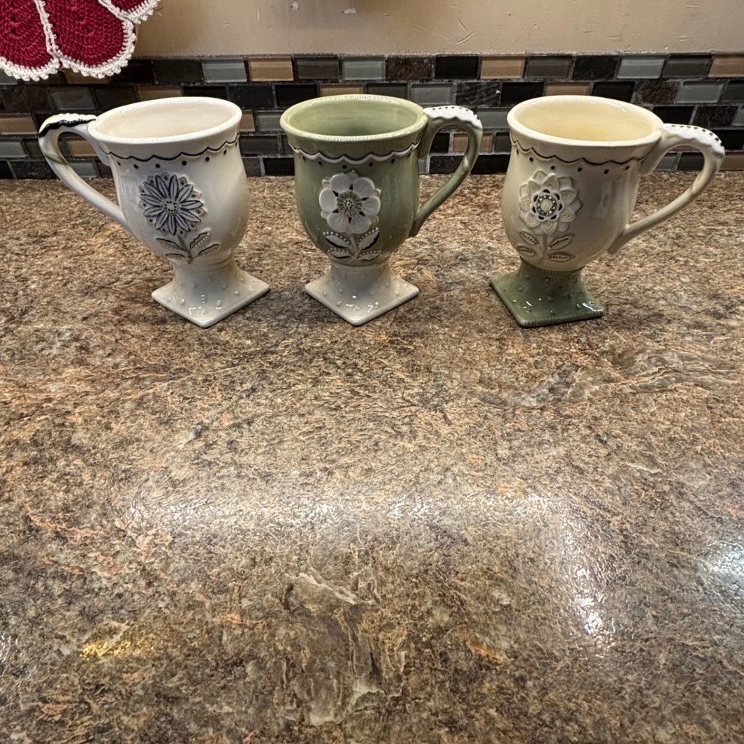 Ceramic Footed Floral Mugs Set of 3 Sage Green Cream Cottage core