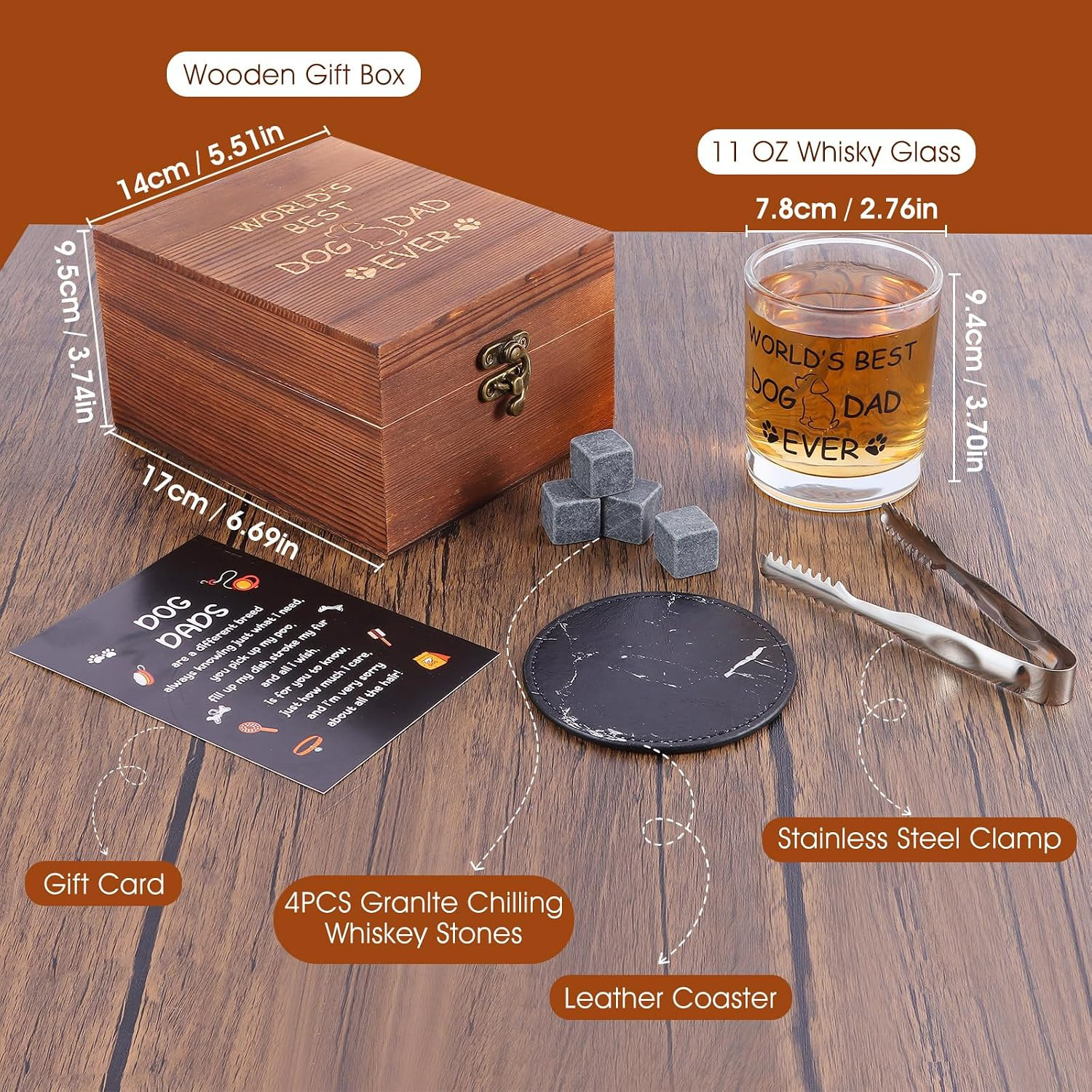 Dog Dad Gifts, Best Gift for Dad, Gift with 12Oz Whiskey Glasses, Stones, Coaste