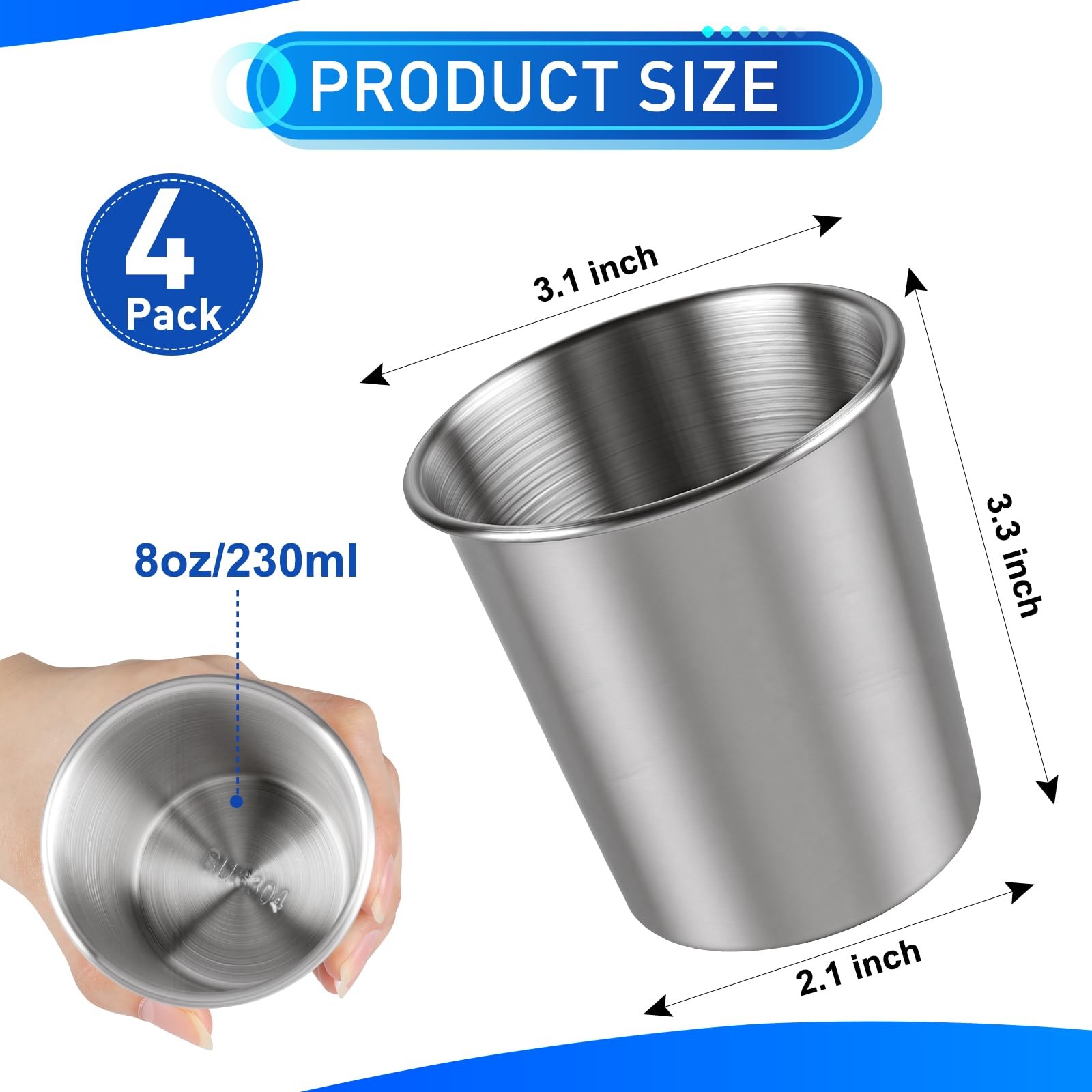 4 Pack Unbreakable Stainless Steel Cups 8oz Metal Drinking Cup for Camping Home