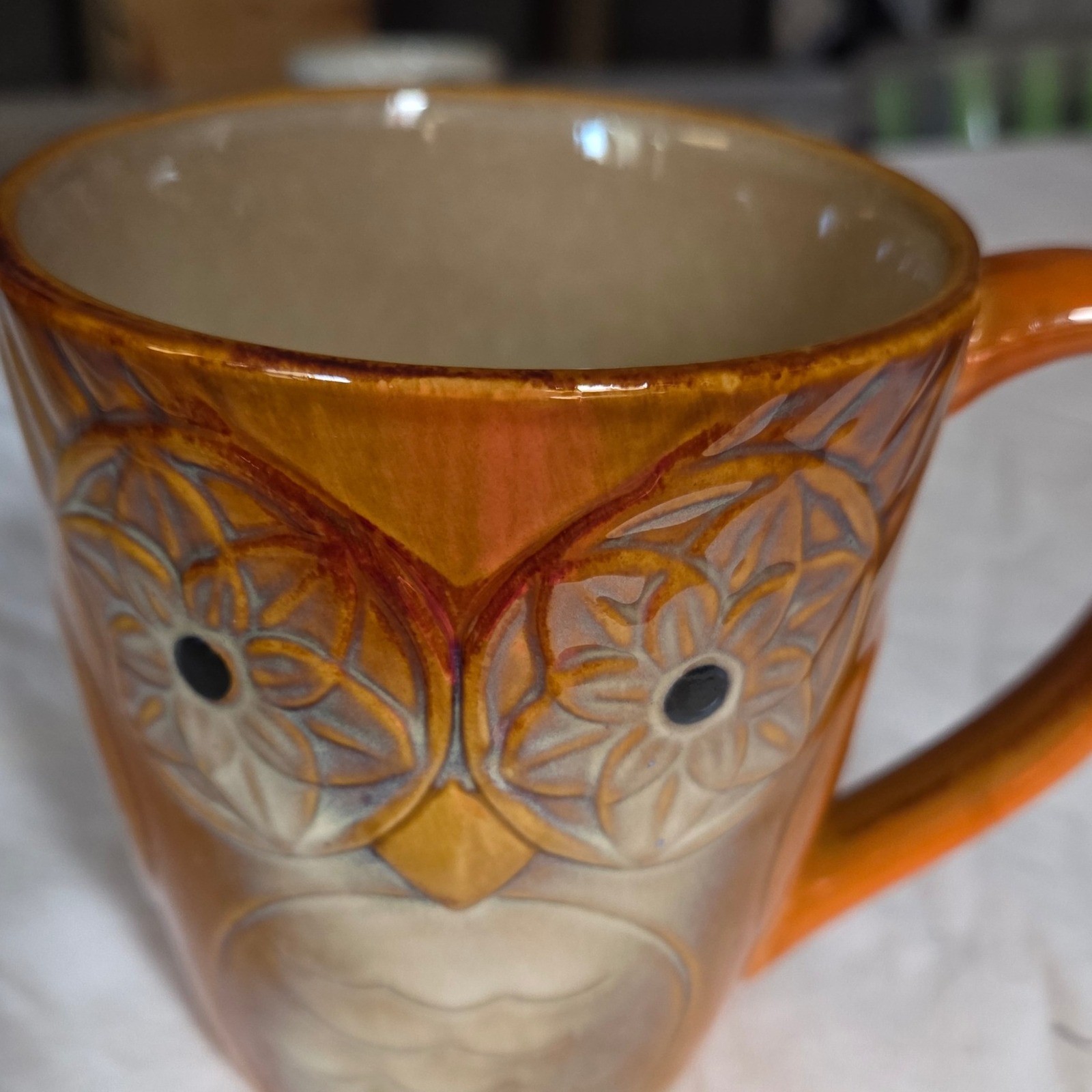 Elite Couture Embossed Owl Coffee Mug Large Orange Ceramic