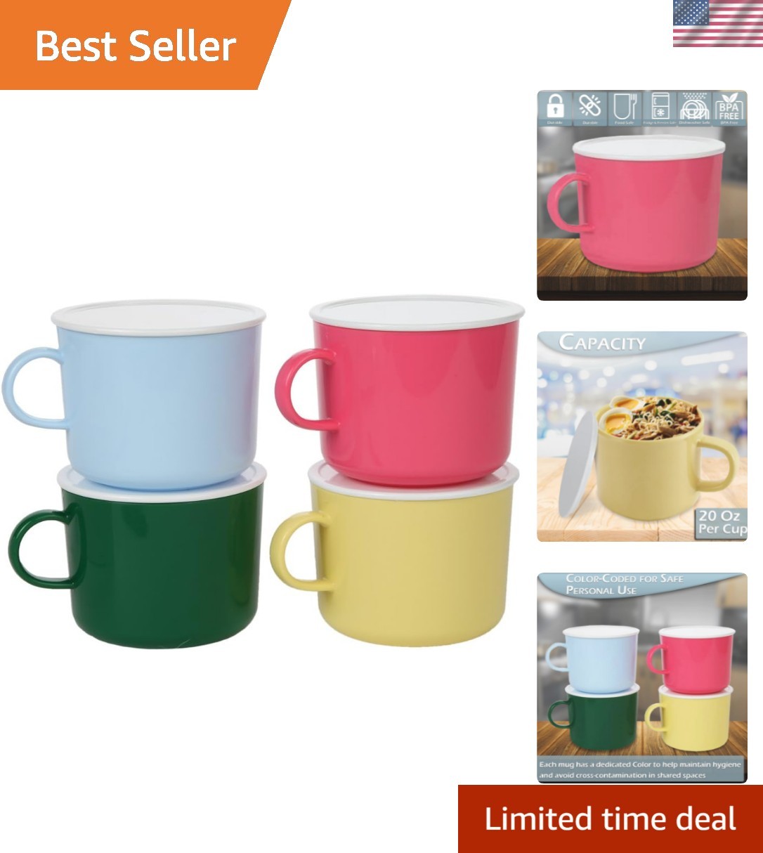 Microwave 20oz Coffee Mugs with Lids – Set of 4 Microwavable Mugs with Handle…