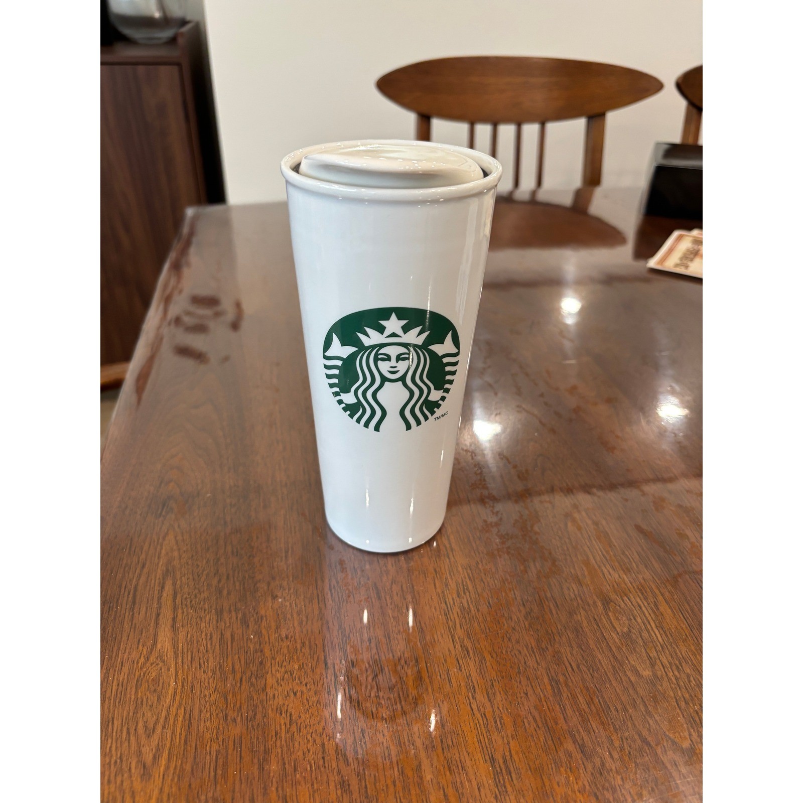 Starbucks 2014 White Ceramic Travel Tumbler Mug Siren Logo 16oz with Lid