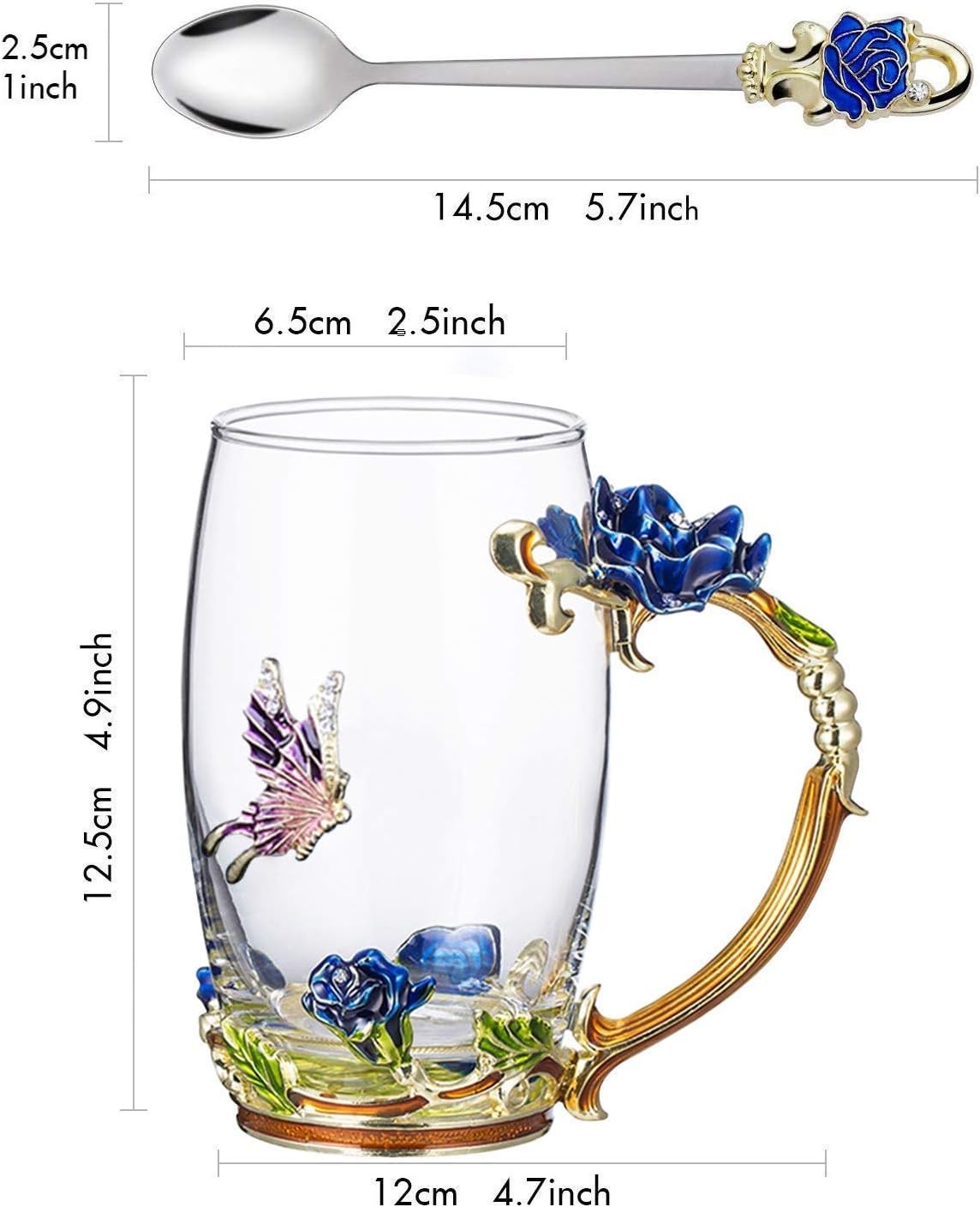 Gifts for Mom Women Unique Blue Tea Mug With Spoon Set & Flower Decoration –