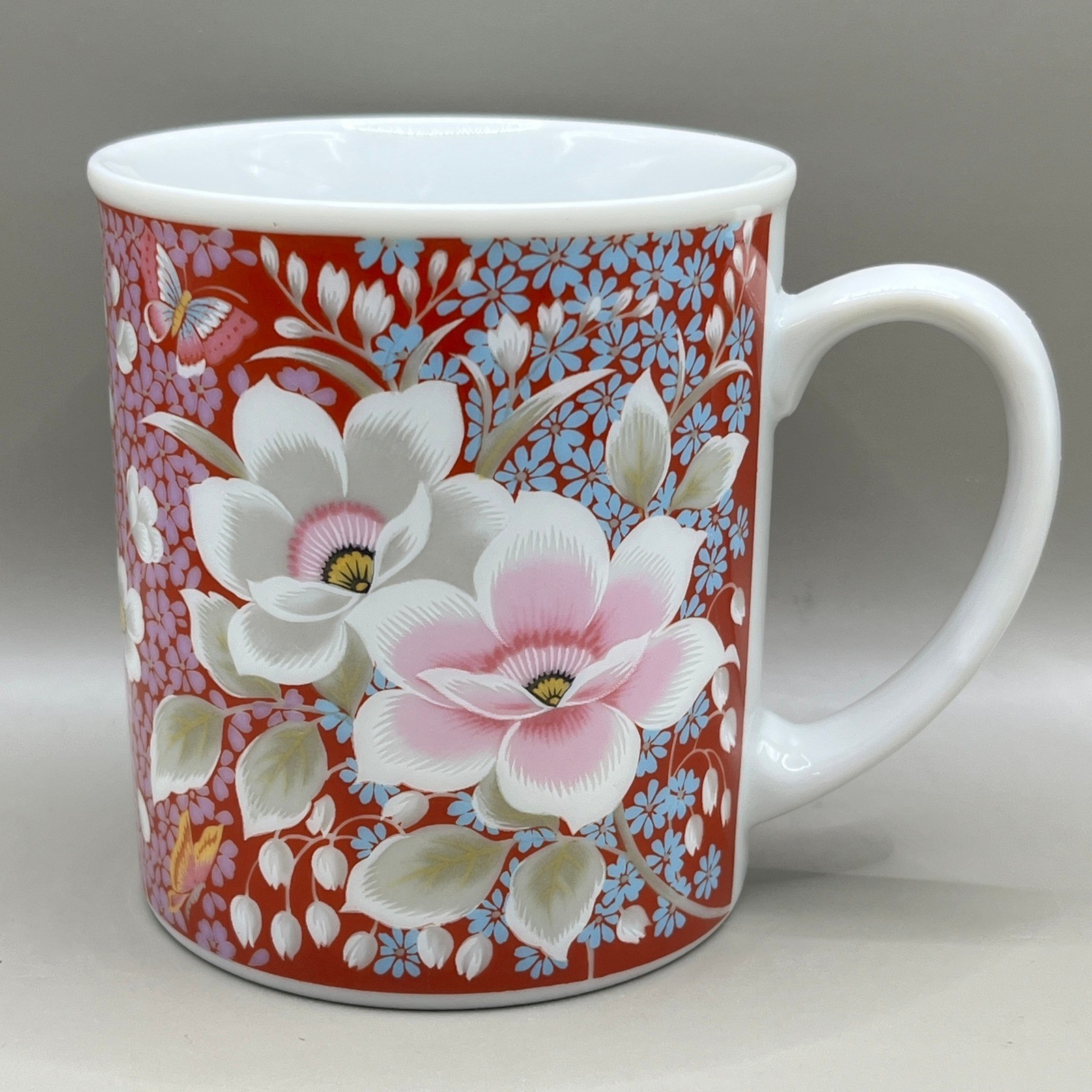 Floral Chintz Ceramic Coffee Mug Red White Pink Flowers Butterflies Vtg 10 oz