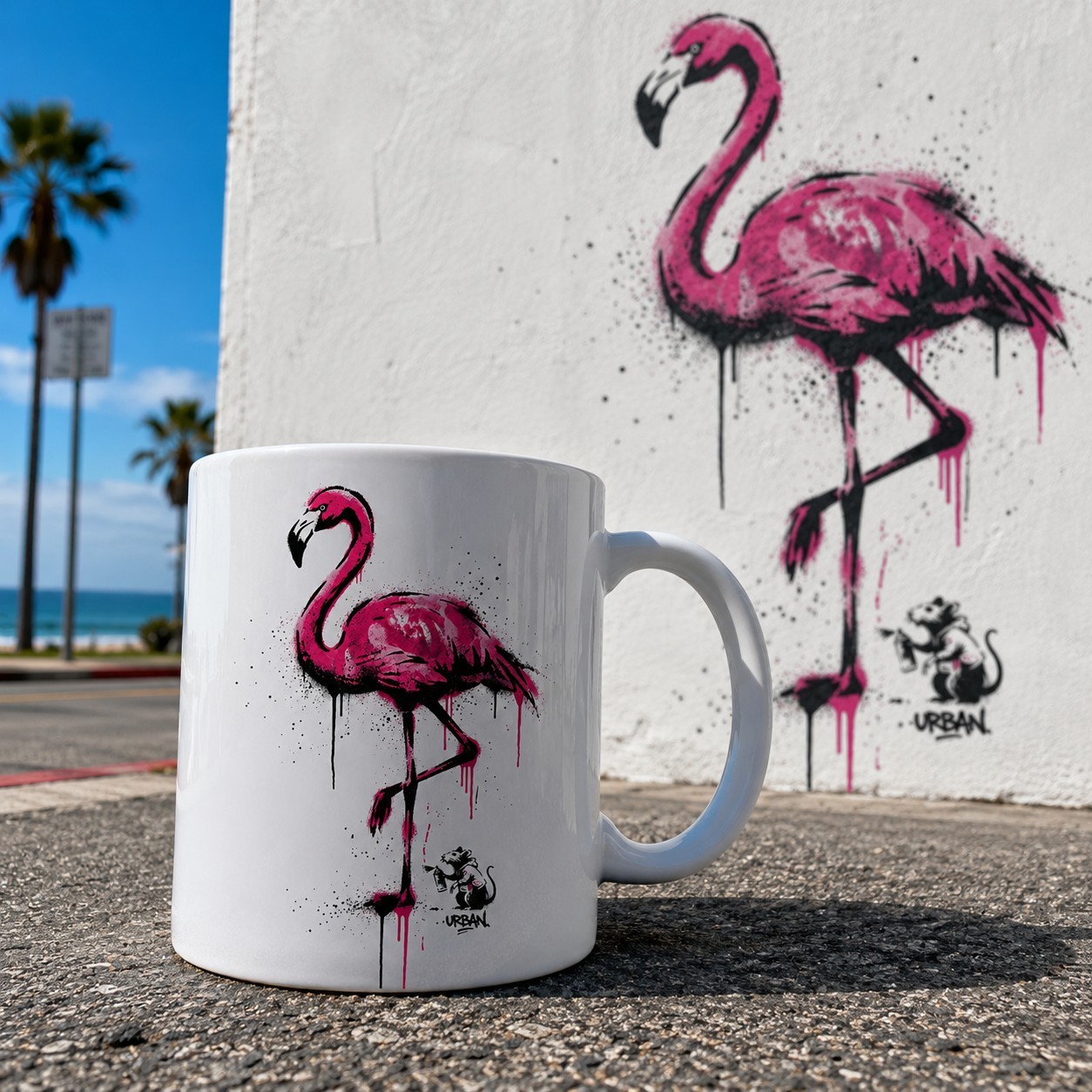 Edgy Pink Flamingo Street Art Ceramic Coffee Mug 11oz Urban Graffiti Design Cup