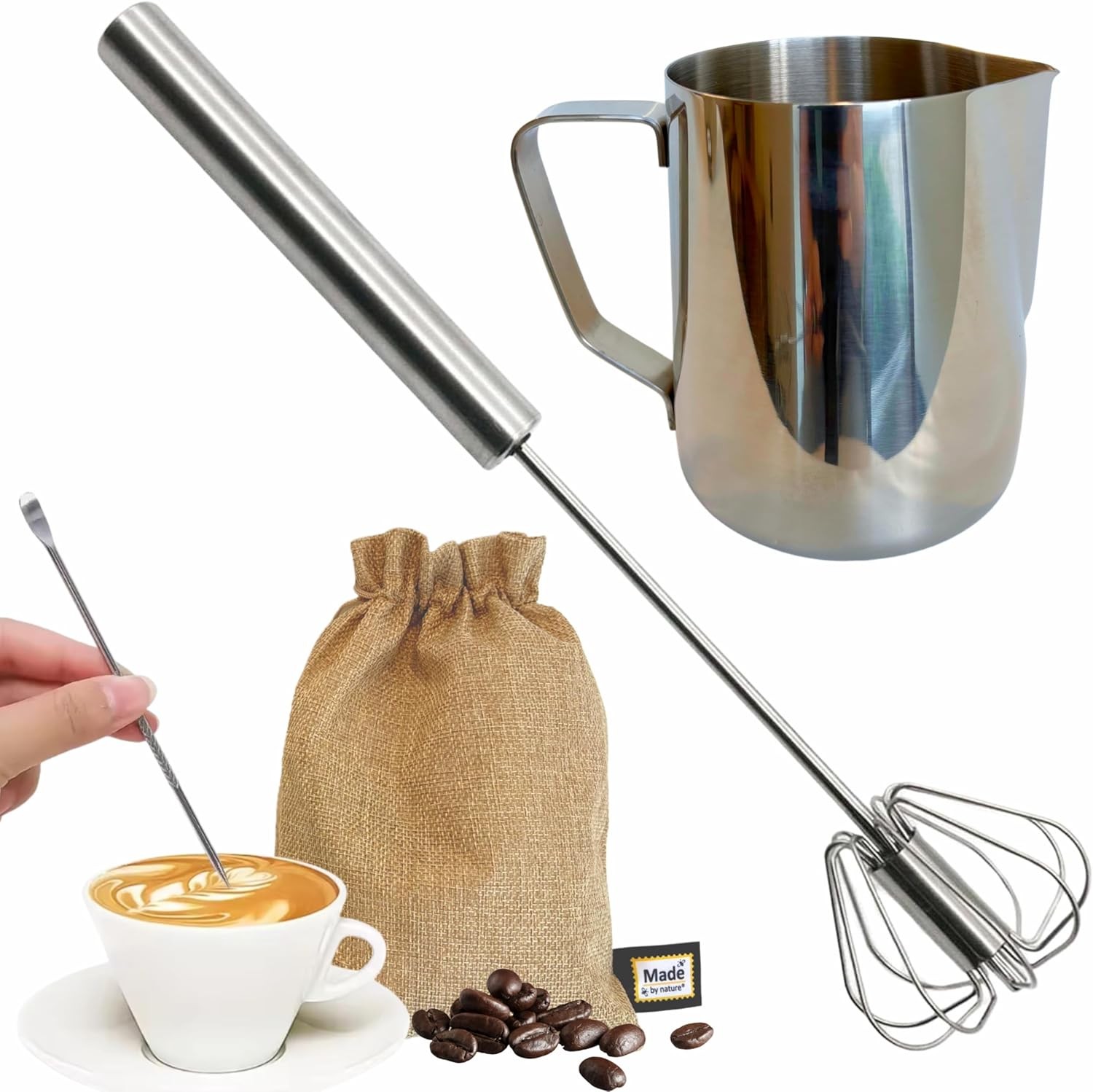 Gourmet Manual Milk Frother Set & Latte Kit, Stainl Steel Barista Grade