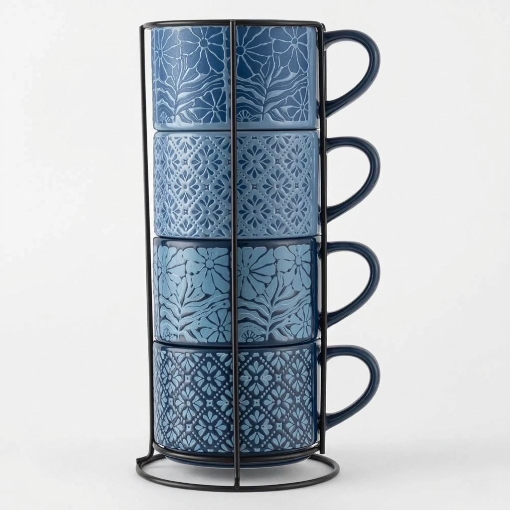 4 Pack Stacking Mugs Blue Flowers & Blue Shapes 11.1 fl oz Stoneware | Stackable