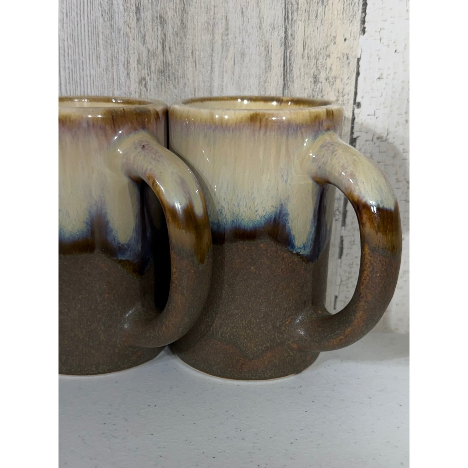 Rodolfo Padilla Stoneware Mug Set of 6 Brown Cream Blue Drip Glaze Round