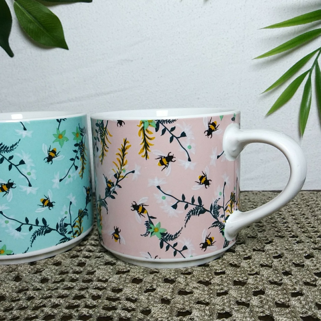 Coco + Lola Mug Set Of 2 Coffee Cups Honey Bees Spring Flowers Pink Turquoise
