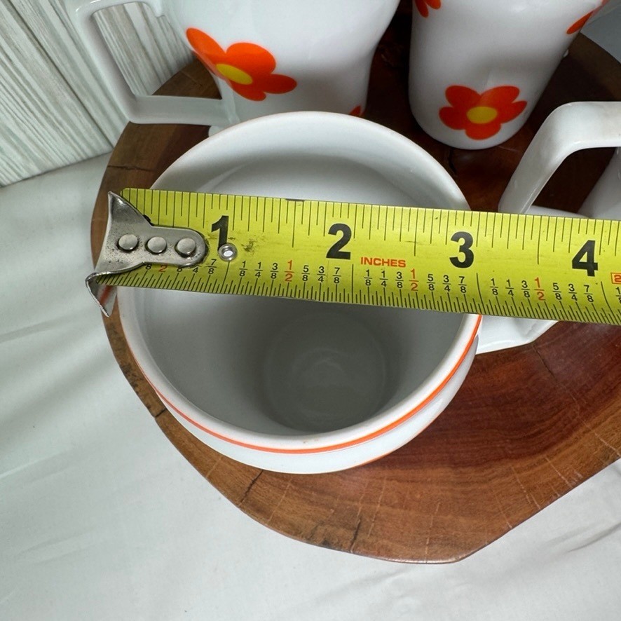 Vintage Retro Orange Daisy Floral Ceramic Mugs Set of 4 Mid Century Modern 5in