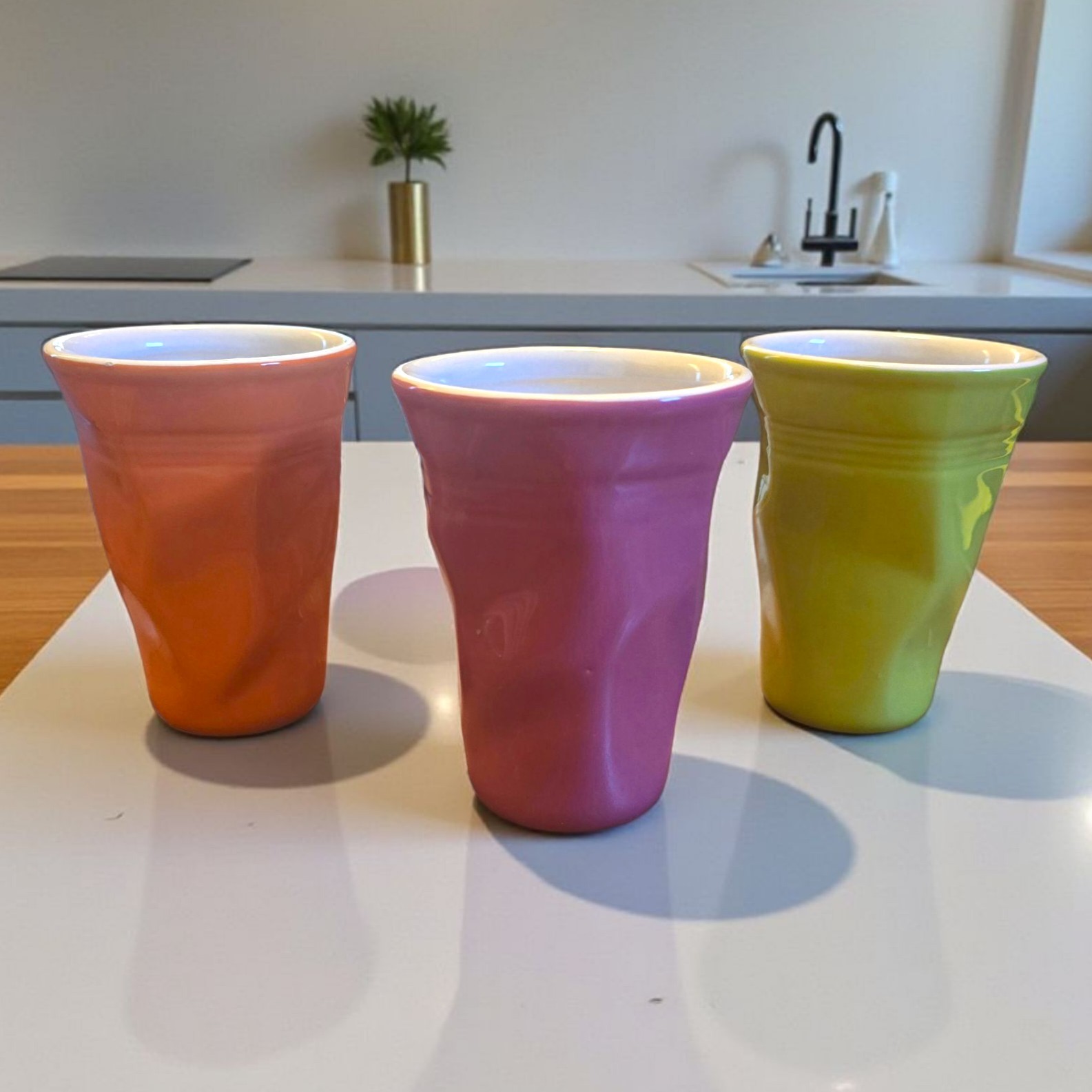 3 Porcelain Crumpled Crush 9 Oz Cup Mug Tumbler Set Green Orange Purple 4.5″