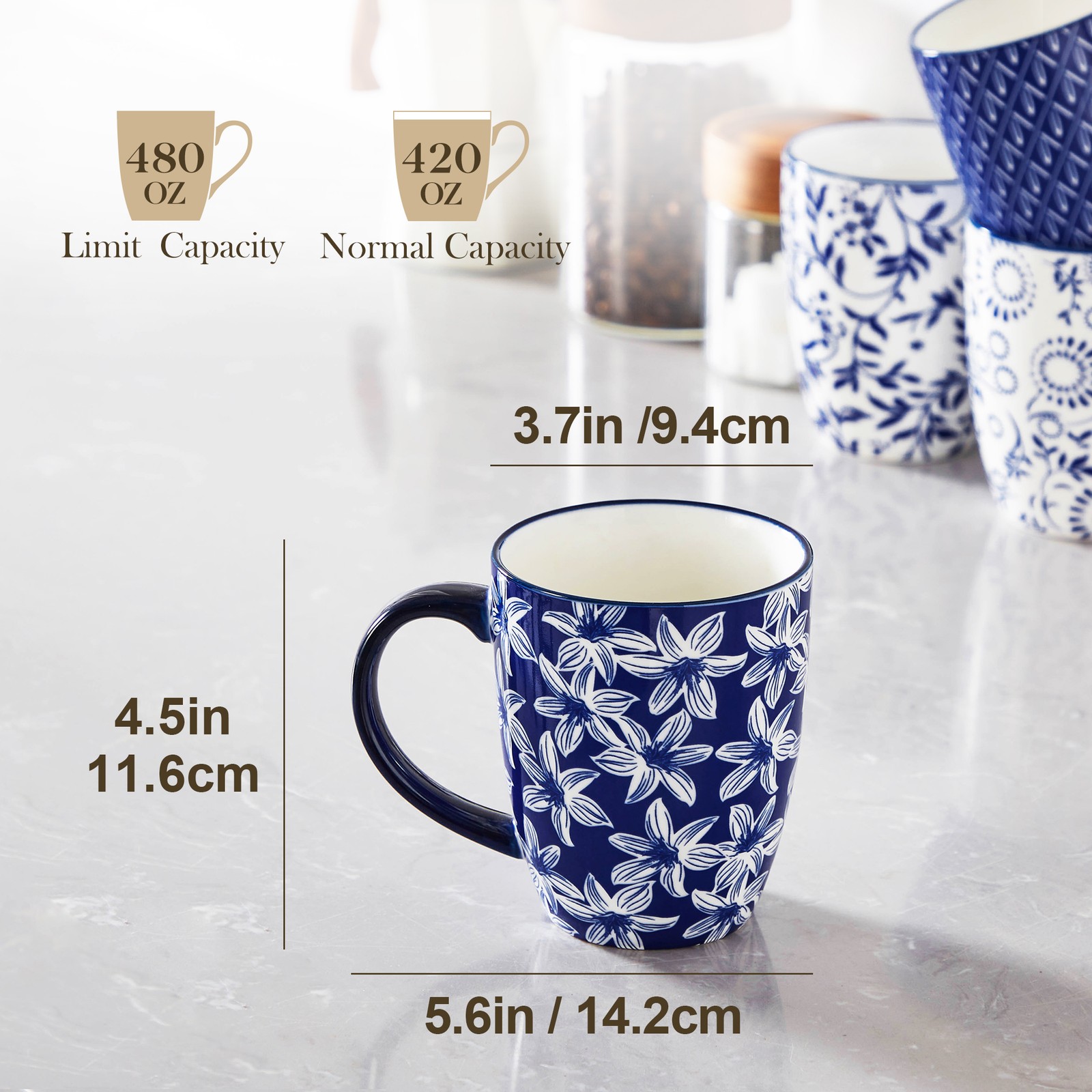 vancasso 16 fl oz Blue and White Porcelain Coffee Mugs, Set of 4 Mugs Drinkware