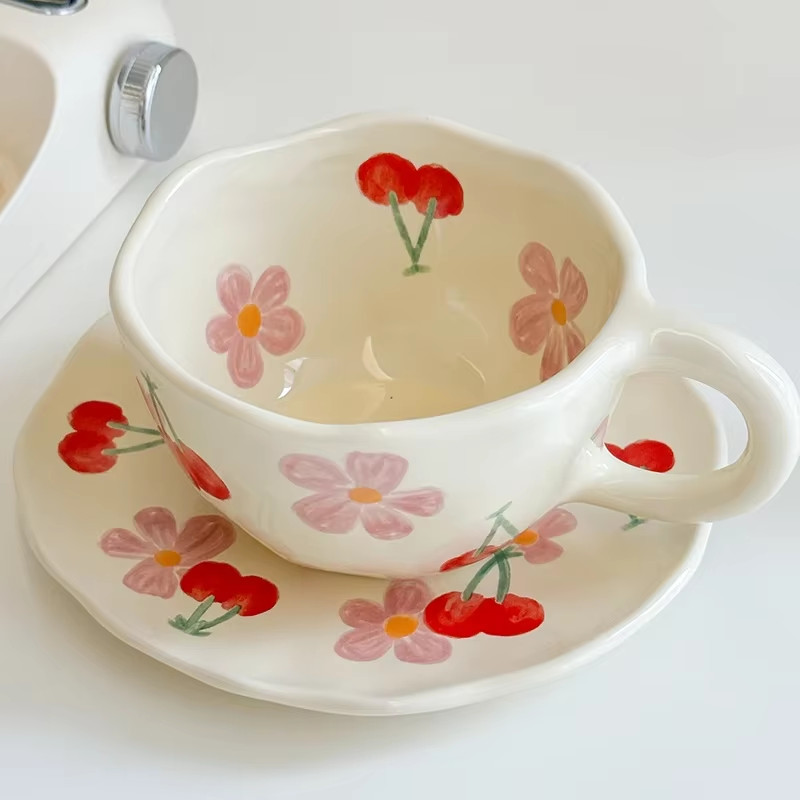 Flower Pattern Ceramic Cup Korean Style Saucer Set Hand Pinched Irregular Coffee