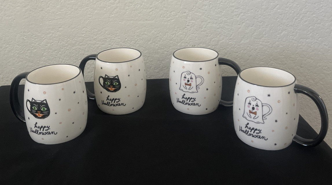 New Anthropolige SET OF 4 Happy Halloween Stoneware Mugs