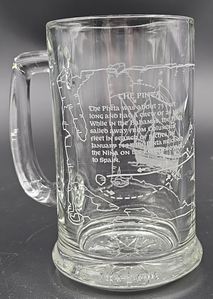 Vintage Etched Glass Ship Beer Mugs 5 pc Set Nautical Sailing Steins Historical