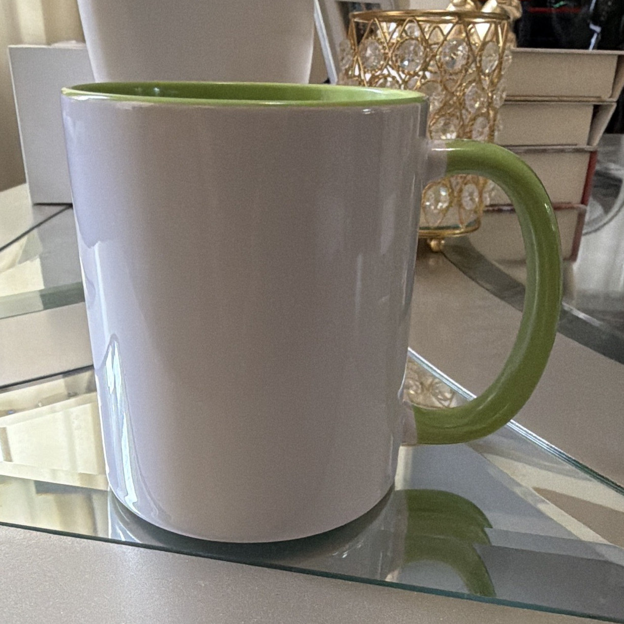 Ceramic Coffee Mug 12 fl oz White with Green Handle & Rim, Microwave/Dishwasher