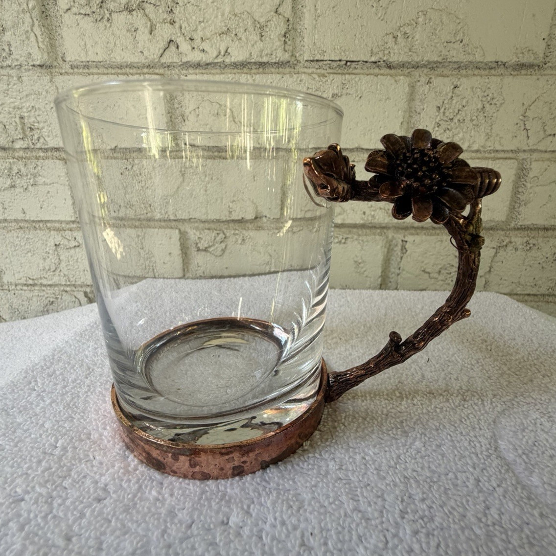Clear Glass Mug 8 fl oz Copper-Tone Floral Metal Handle & Base Rustic Decor