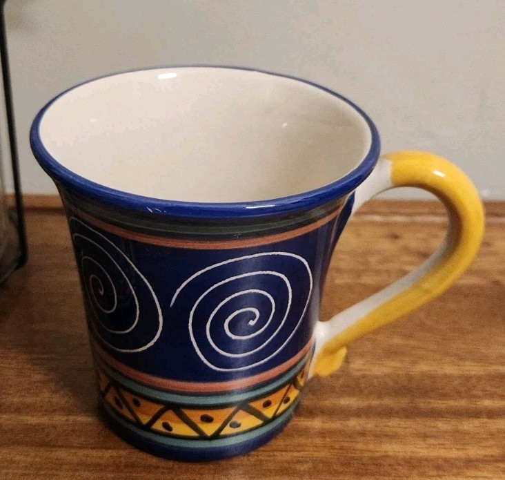 Pier 1 Italian Swirl Hand Painted Earthenware Ceramic Mug Pair Blue Yellow Italy