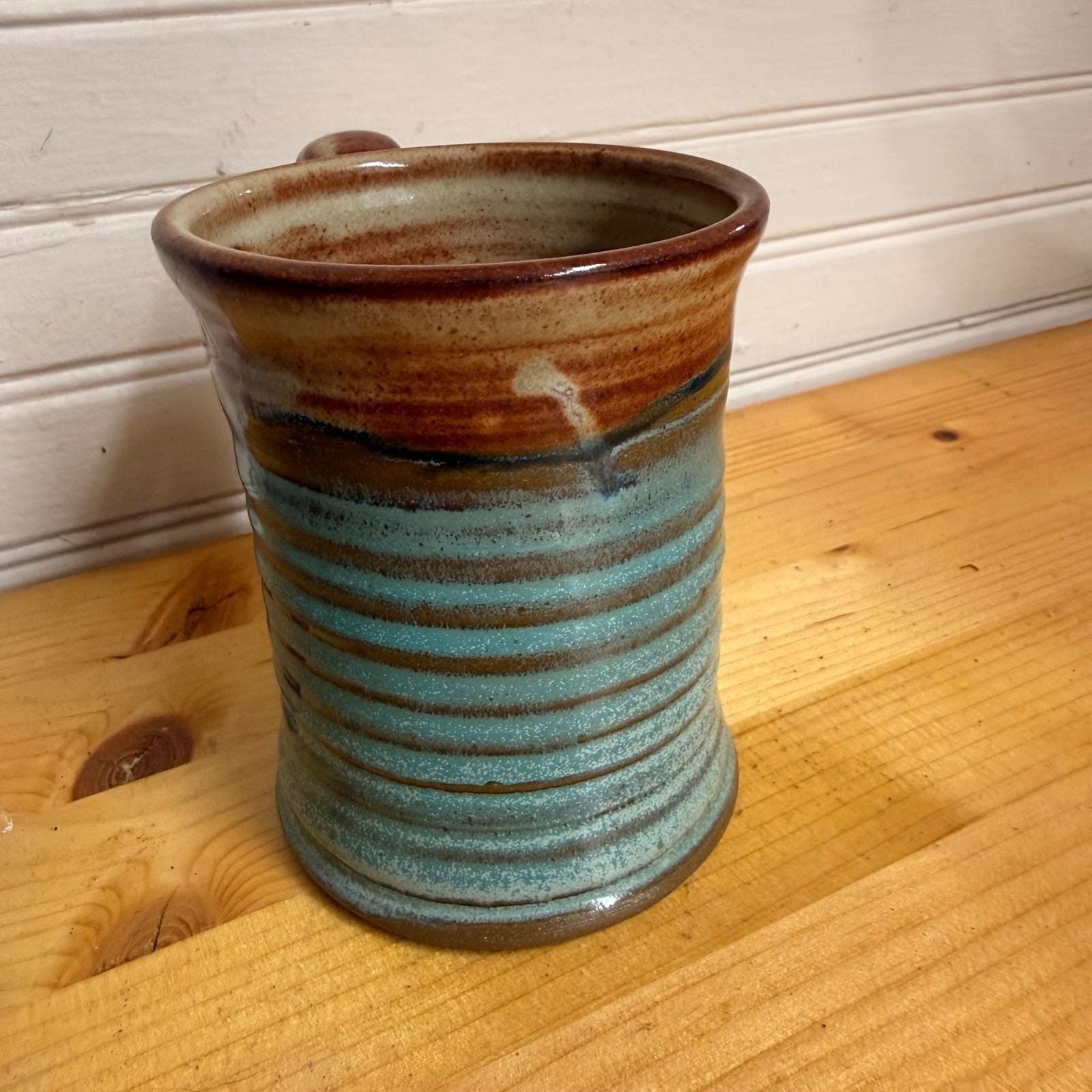 Handmade Studio Art Pottery Mug Turquoise Brown Glaze Cozy Rustic CoffeeTea 10oz