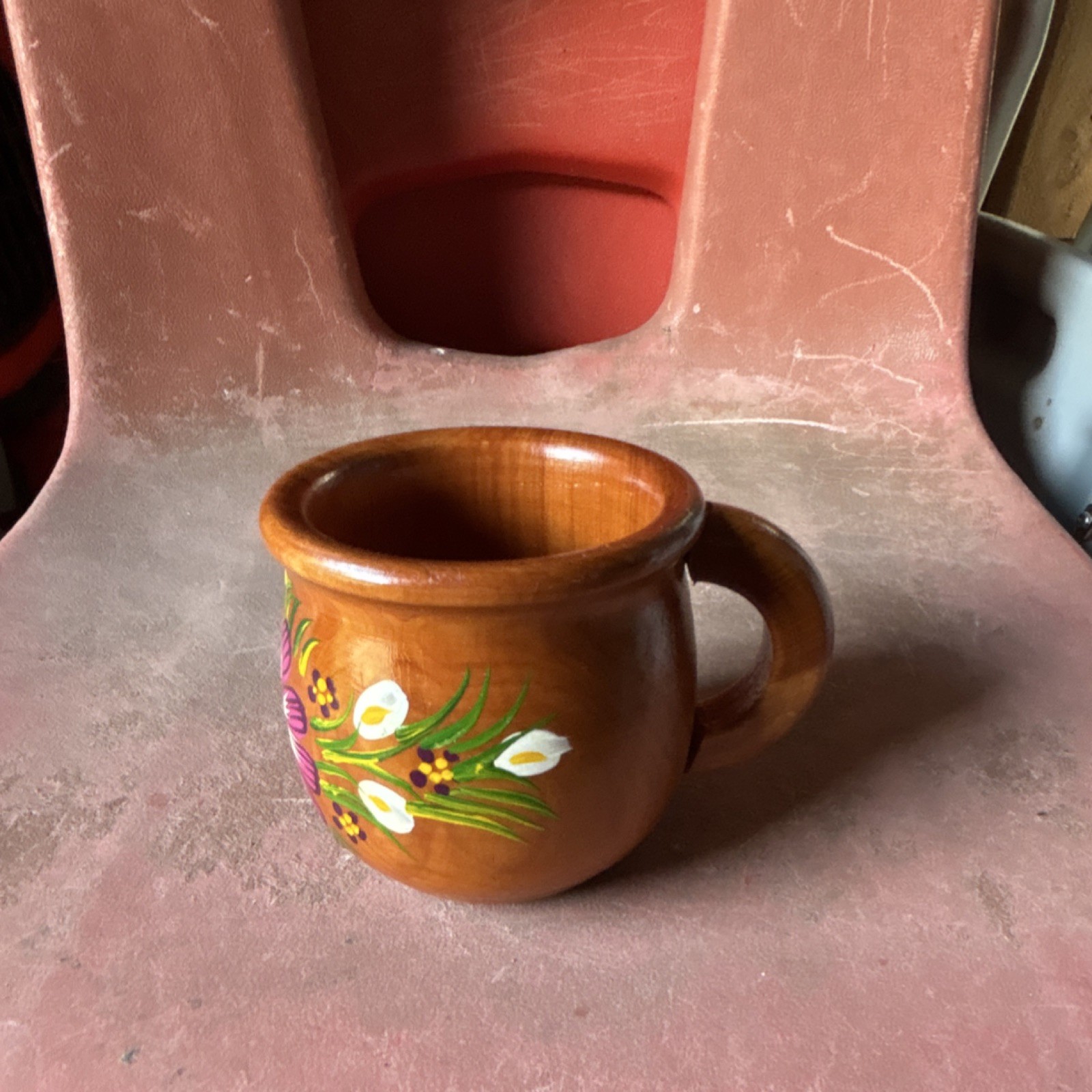 Hand-Painted Wooden Floral Coffee Mug, Brown Rustic Decorated 8 fl oz
