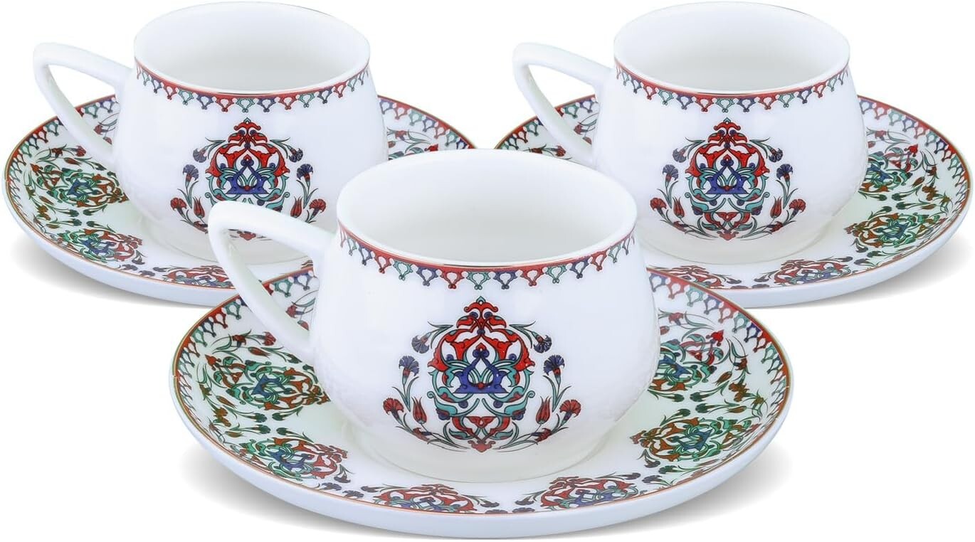 Turkish Porcelain Coffee Cup Set for 6-12 Pc Espresso Cups & Saucers,Traditional