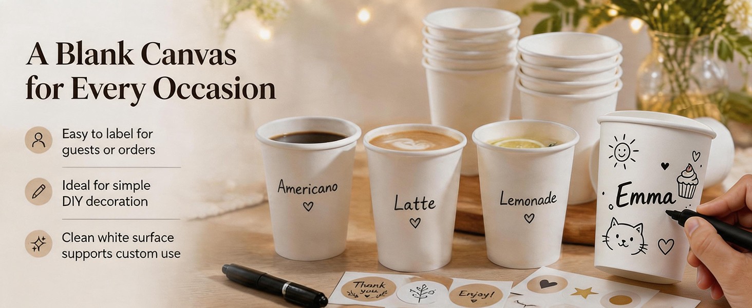 Disposable Paper Coffee Cups Bulk, Leak-Proof White Coffee Cups for Hot & Cold