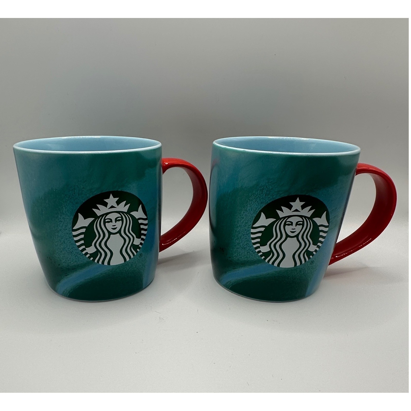 NEW Starbucks 2024 Holiday Teal Green Marble Red Handle Siren Mug Set of 2 11oz