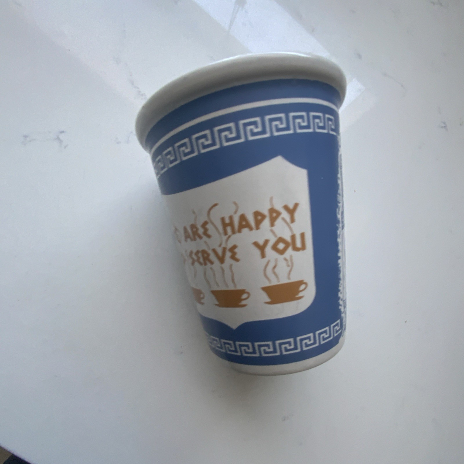 New York City Greek Ceramic Coffee Cup 10 oz – “We are Happy to Serve You