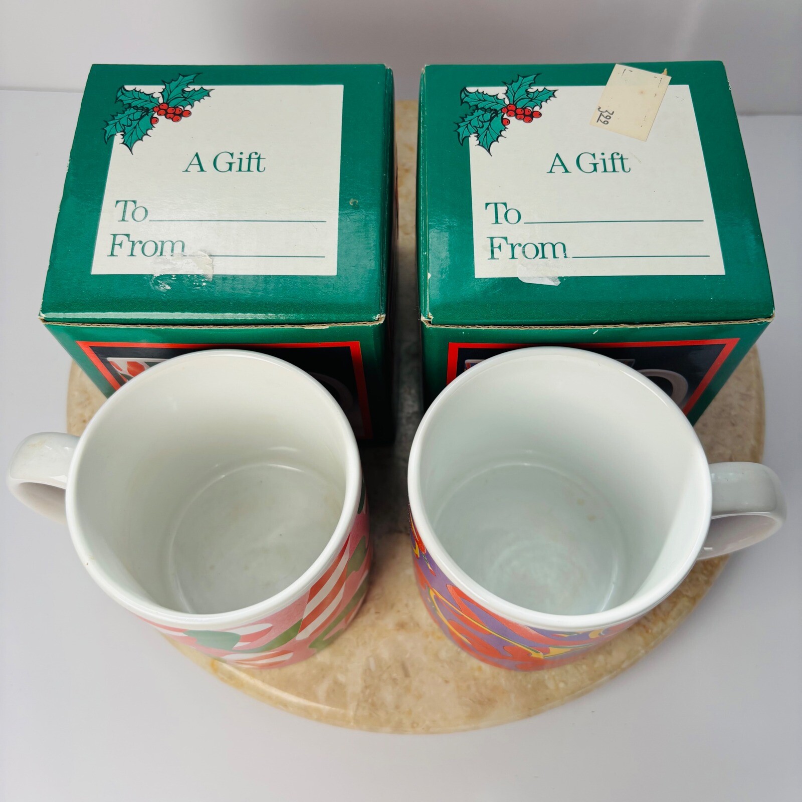 Vintage Retro Century Stoneware Thailand Mug Set Candy Cane French Horns Cup