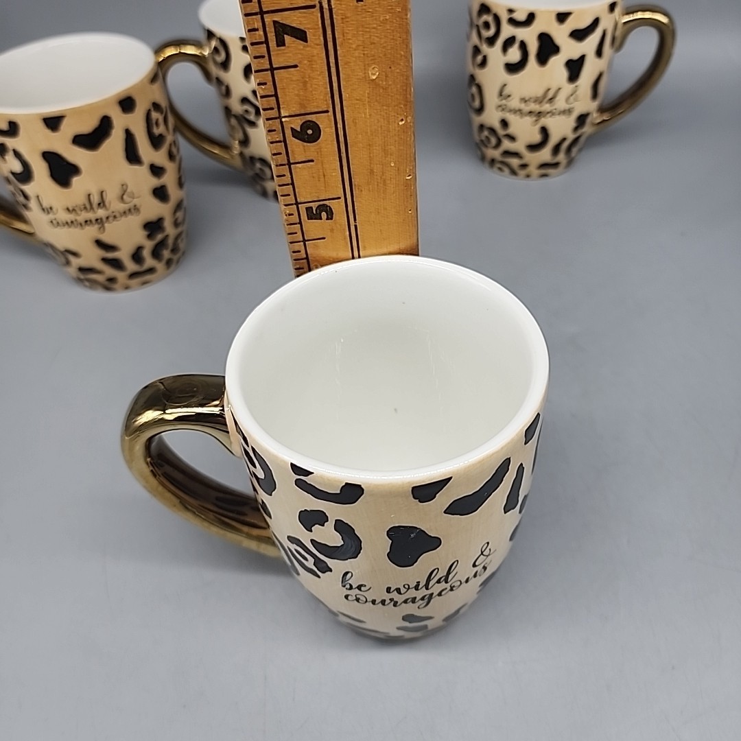 Set Of 4 Pier 1 Leopard Print Mug, be wild & courageous, 12 FL OZ Ceramic Animal