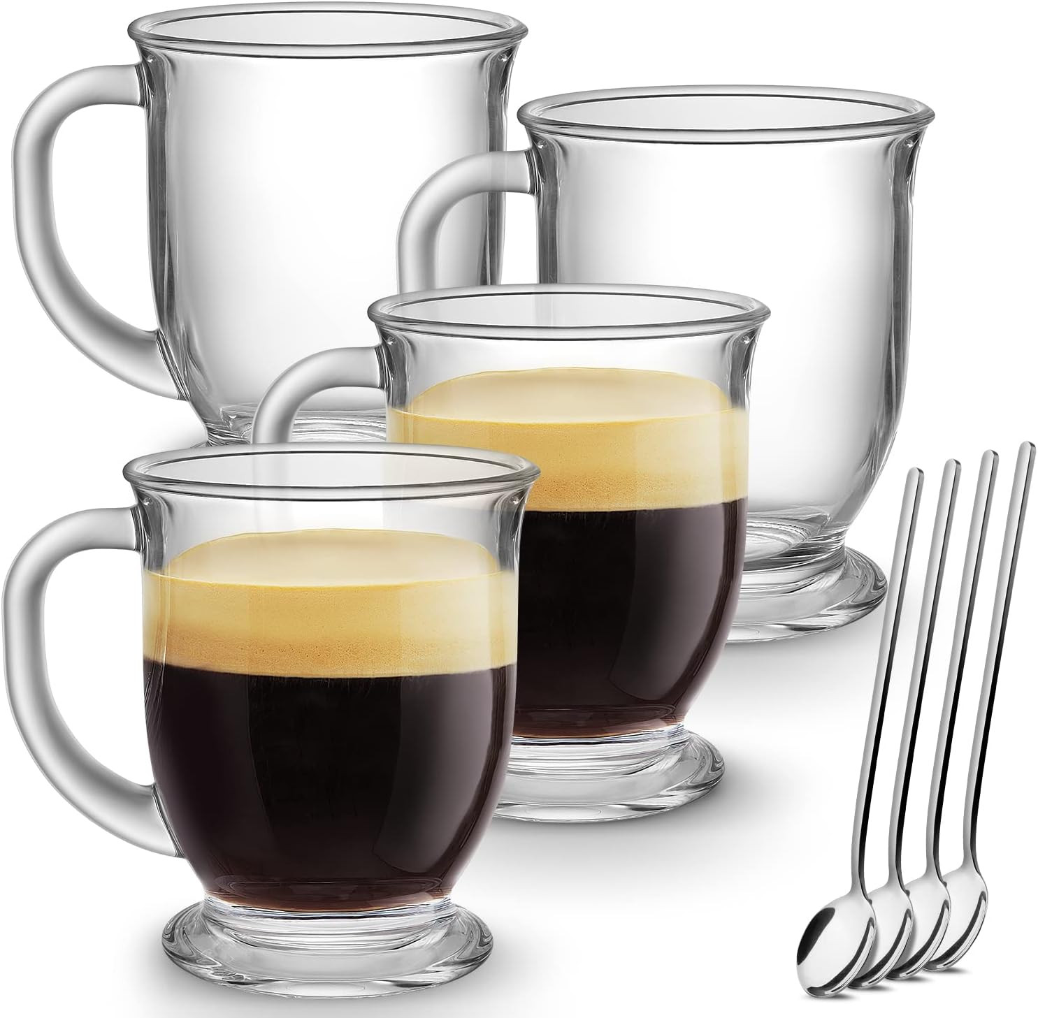 Glass Coffee Mugs Set of 4, Clear Large Coffee Mug 15 Oz with Handles for Hot Be