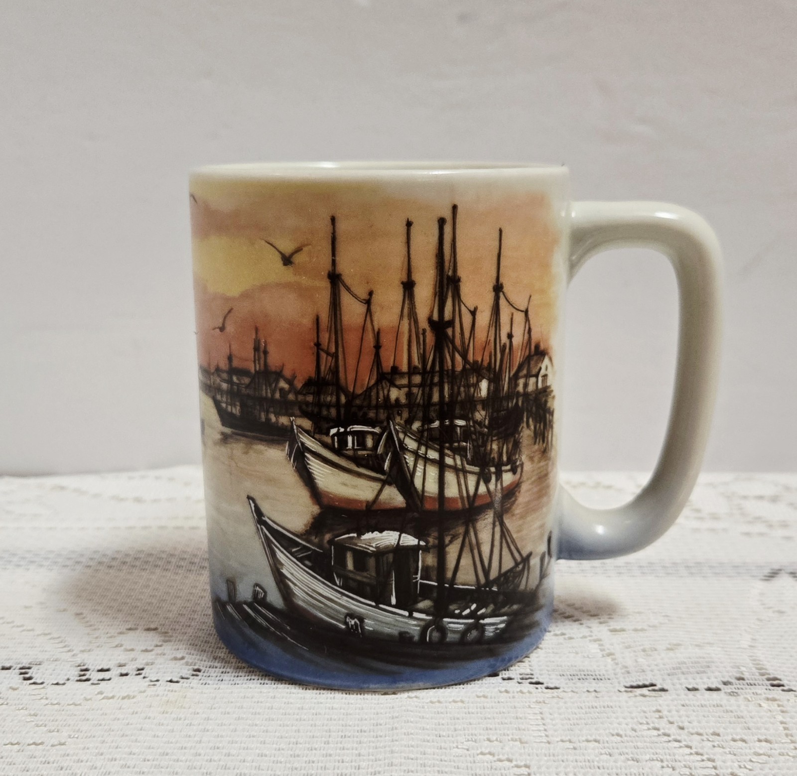 Vintage Otagiri Japan Stoneware Coffee Mug Fishing Boats Nautical Dock Pier