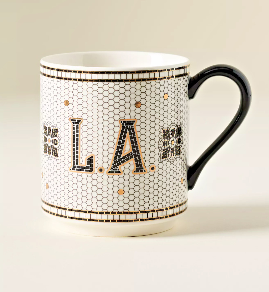 ANTHROPOLOGIE BISTRO TILE STONEWARE 24K GOLD ACCENT JETSETTER MUG LA LOS ANGELES