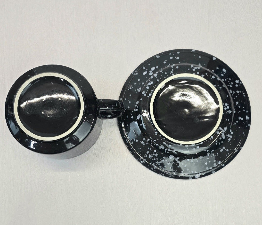 Black & White Speckled Stoneware Soup Bowl / Oversized Coffee Mug and Saucer