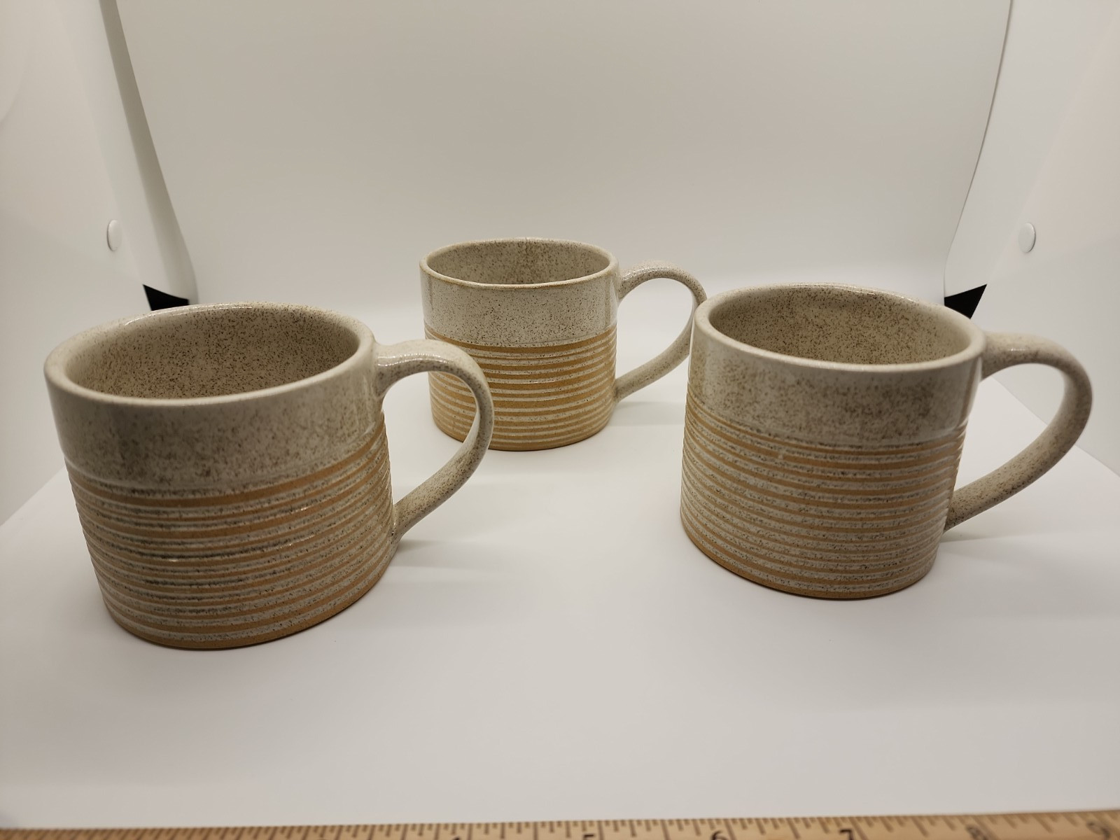Set of 3 Handmade Coffee Cups 8 oz Tan w/ Brown Etched Stripes from ACP in Nepal