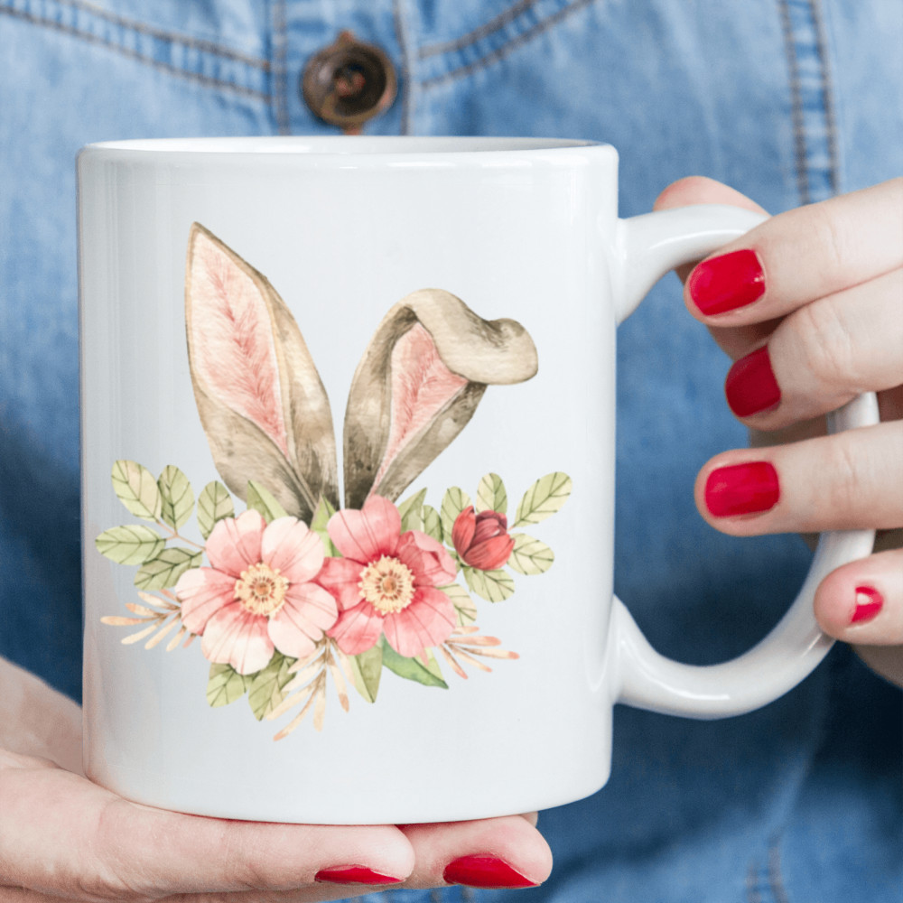 11 oz, 2 Sides Rabbit Ears and Flowers Pink Handle Mug – Happy Easter Mug
