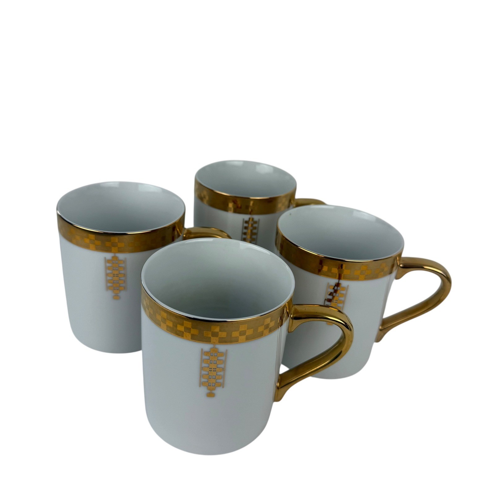 Tiffany & Co Frank Lloyd Wright Imperial Gold Geometric Porcelain Mugs Set of 4