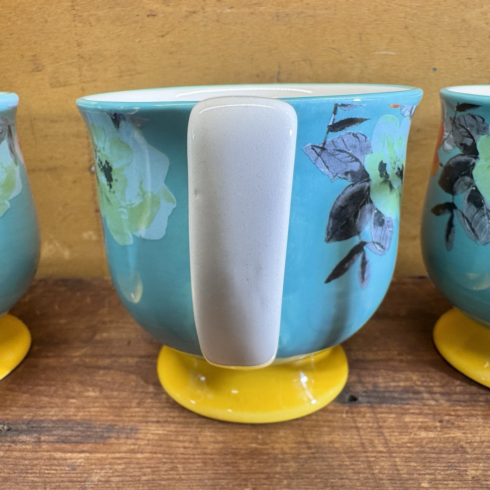 4 Pioneer Woman Mug Flea Market Footed Teal Yellow Flowers Turquoise Floral Farm
