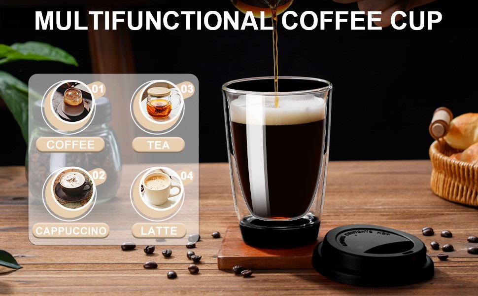 Double Walled Glass Coffee Mugs, Glass Coffee Cugs with Silicone Lid 12OZ,