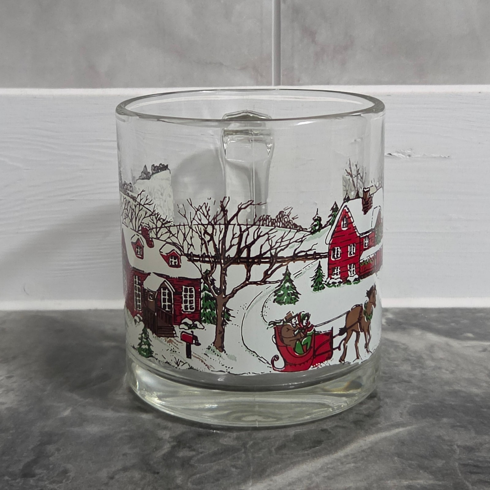 Vintage Libbey Winter Village Clear Glass Mug Christmas Horse Drawn Sleigh 12 oz