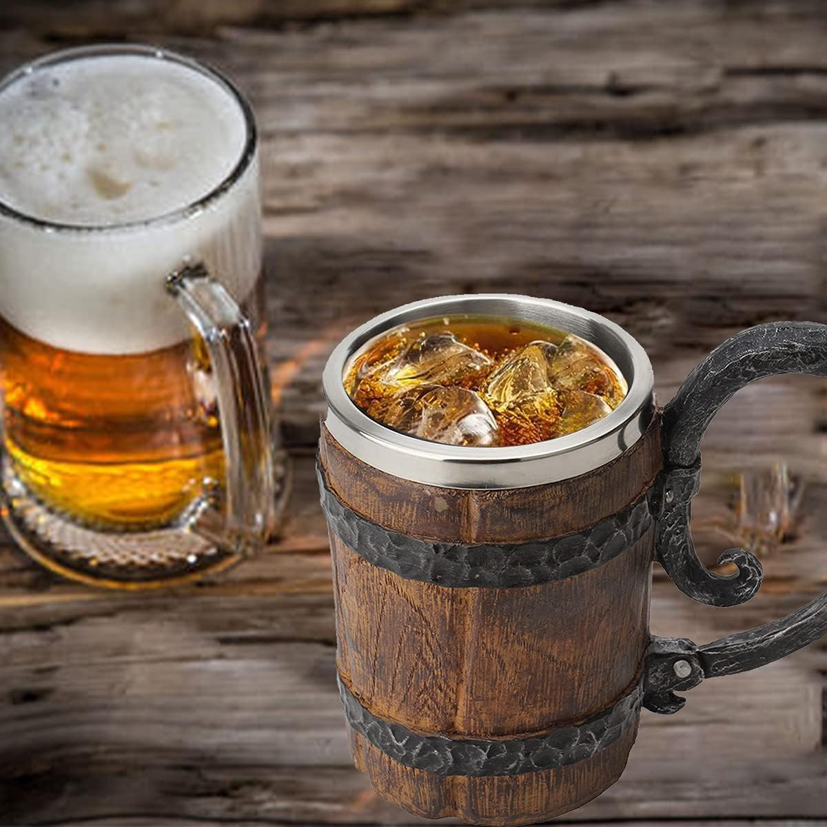 Wooden Barrel Beer Mug Viking Stein Tankard Stainless Steel Gift Men Gold Silver