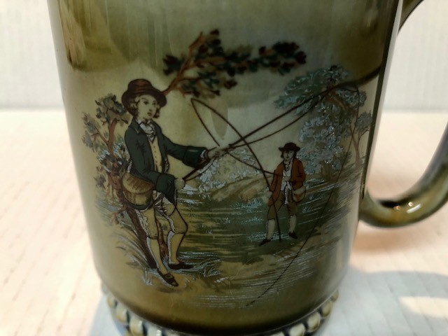 Vintage Wade Irish ceramic porcelain mug fly-fishing scene green & blue