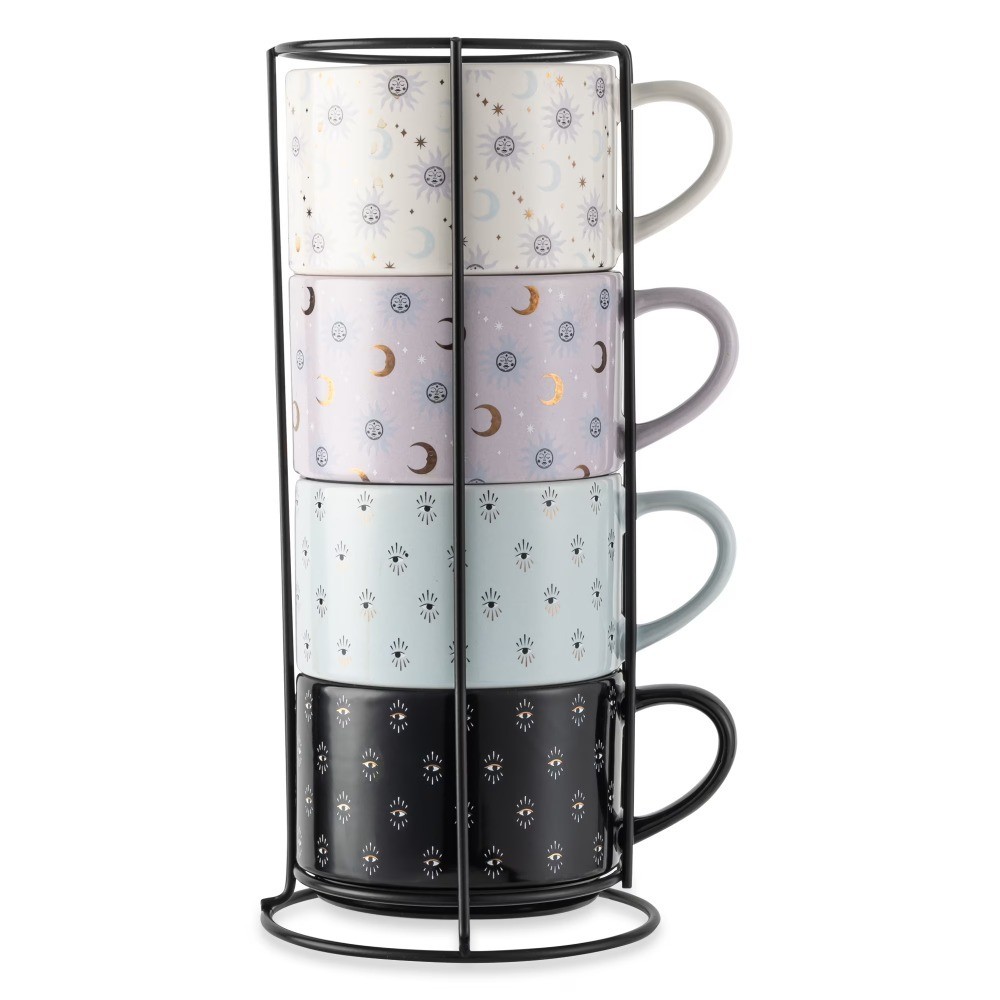 Set of 4 Stacking Stoneware Mugs Celestial Design 11.1 fl oz Assorted Colors
