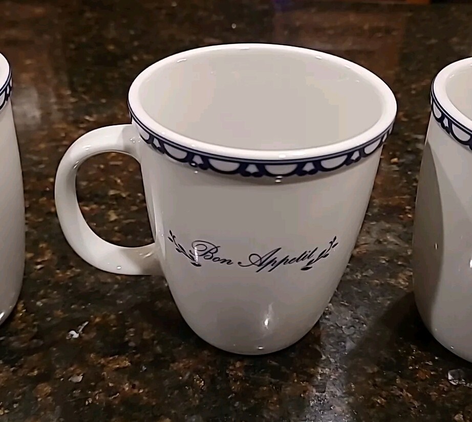SET (4) Target Home BON APPETIT White w/Blue Accents 11 oz Coffee Mugs