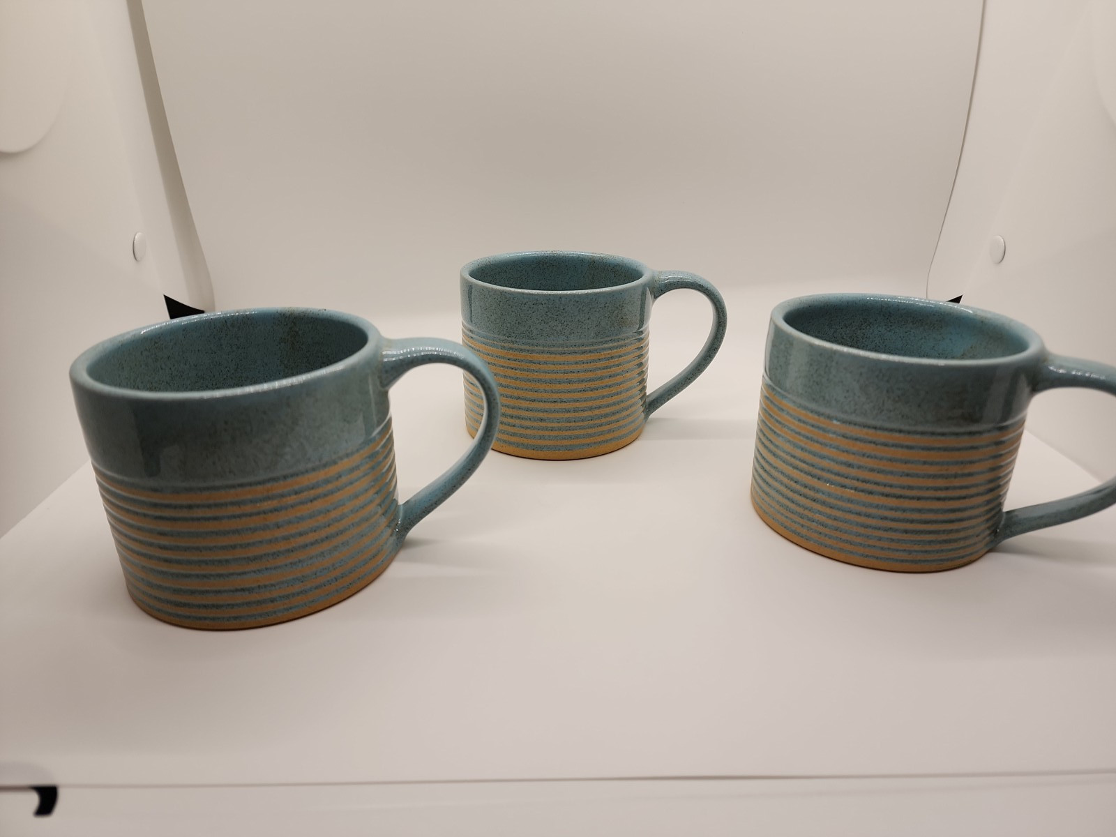 Set of 3 Handmade Coffee Cups 8oz Aqua w/ Tan Etched Stripes from ACP in Nepal