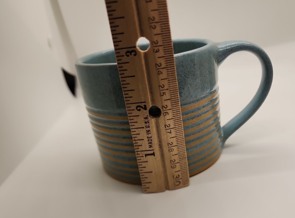 Set of 3 Handmade Coffee Cups 8oz Aqua w/ Tan Etched Stripes from ACP in Nepal
