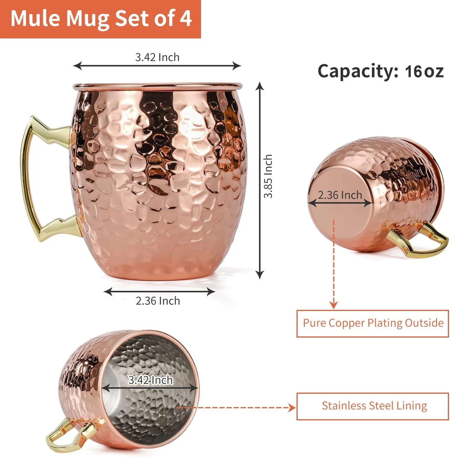 Moscow Mule Copper Mugs- Set of 4 Copper Plated Stainless Steel Mugs 18oz